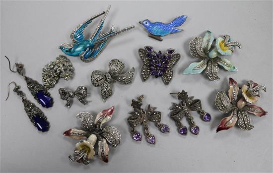 Twelve items of assorted marcasite jewellery, including enamel, brooches and earrings.